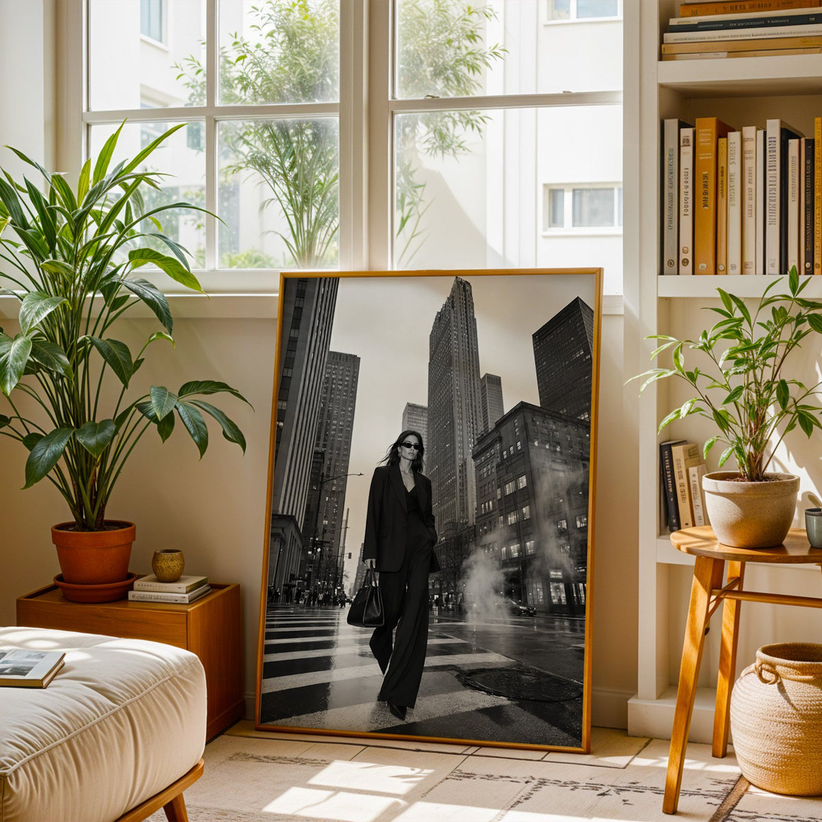 Woman in black suit on New York crosswalk print shown in a brass frame leaning on a sunlit living room floor