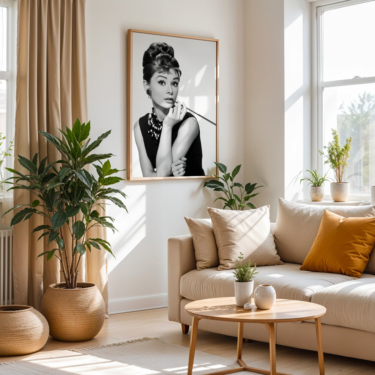 Woman with updo, pearls and long cigarette holder print in an oak frame above a cream sofa beside woven planters