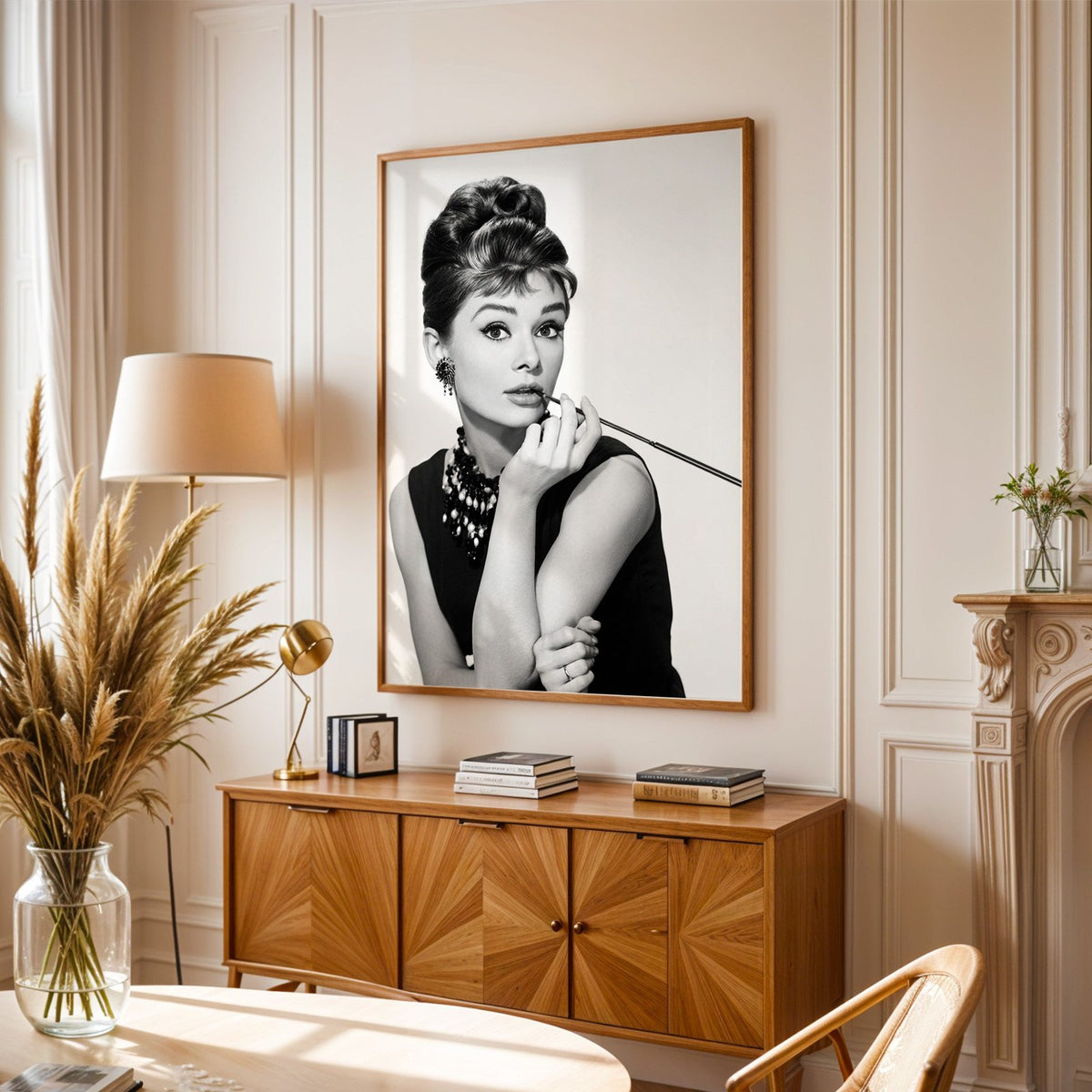 Woman with updo, pearls and long cigarette holder print in an oak frame above a sunburst wood sideboard with pampas grass