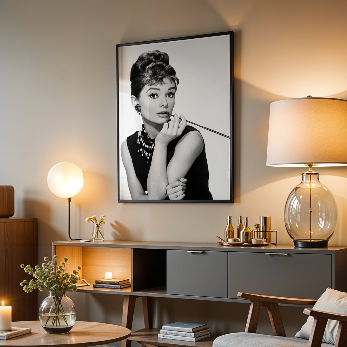 Woman with updo, pearls and long cigarette holder print in a black frame above a grey media console with a glass table lamp