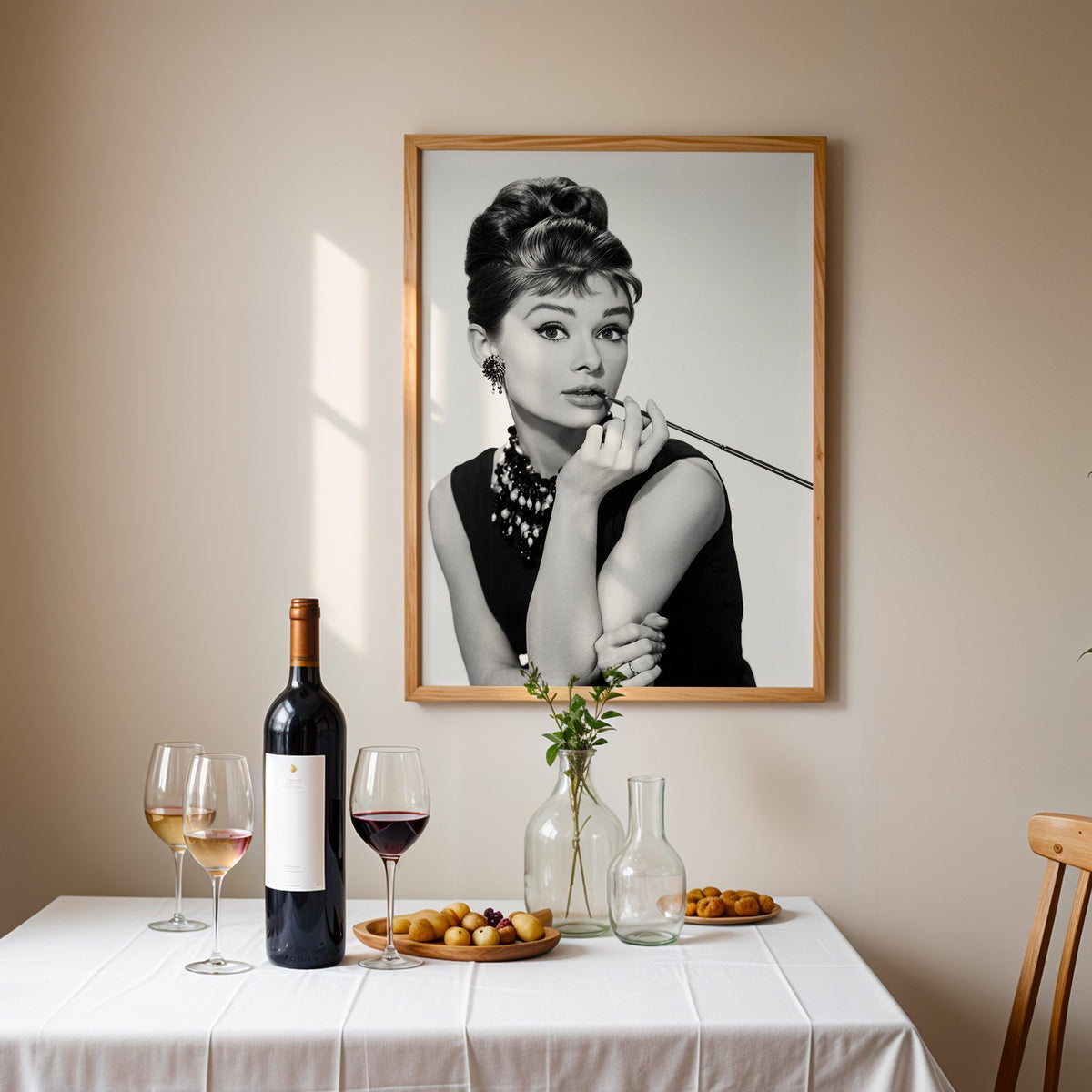 Woman with updo, pearls and long cigarette holder print in an oak frame above a table set with red wine and glasses