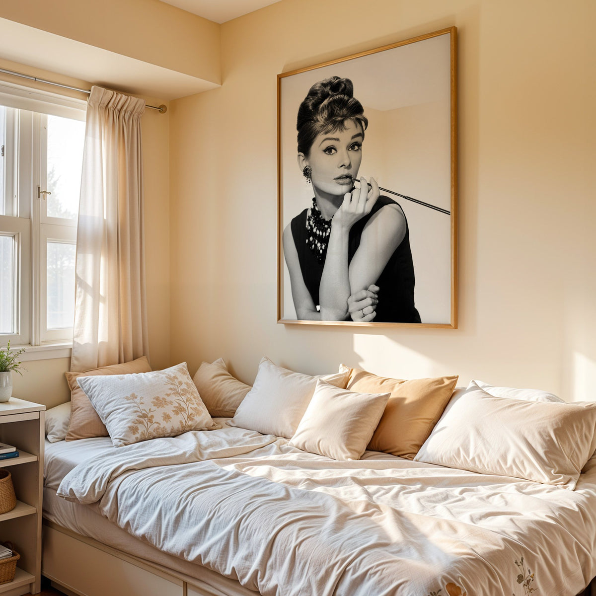 Woman with updo, pearls and long cigarette holder print in an oak frame above a cream daybed in a sunny bedroom
