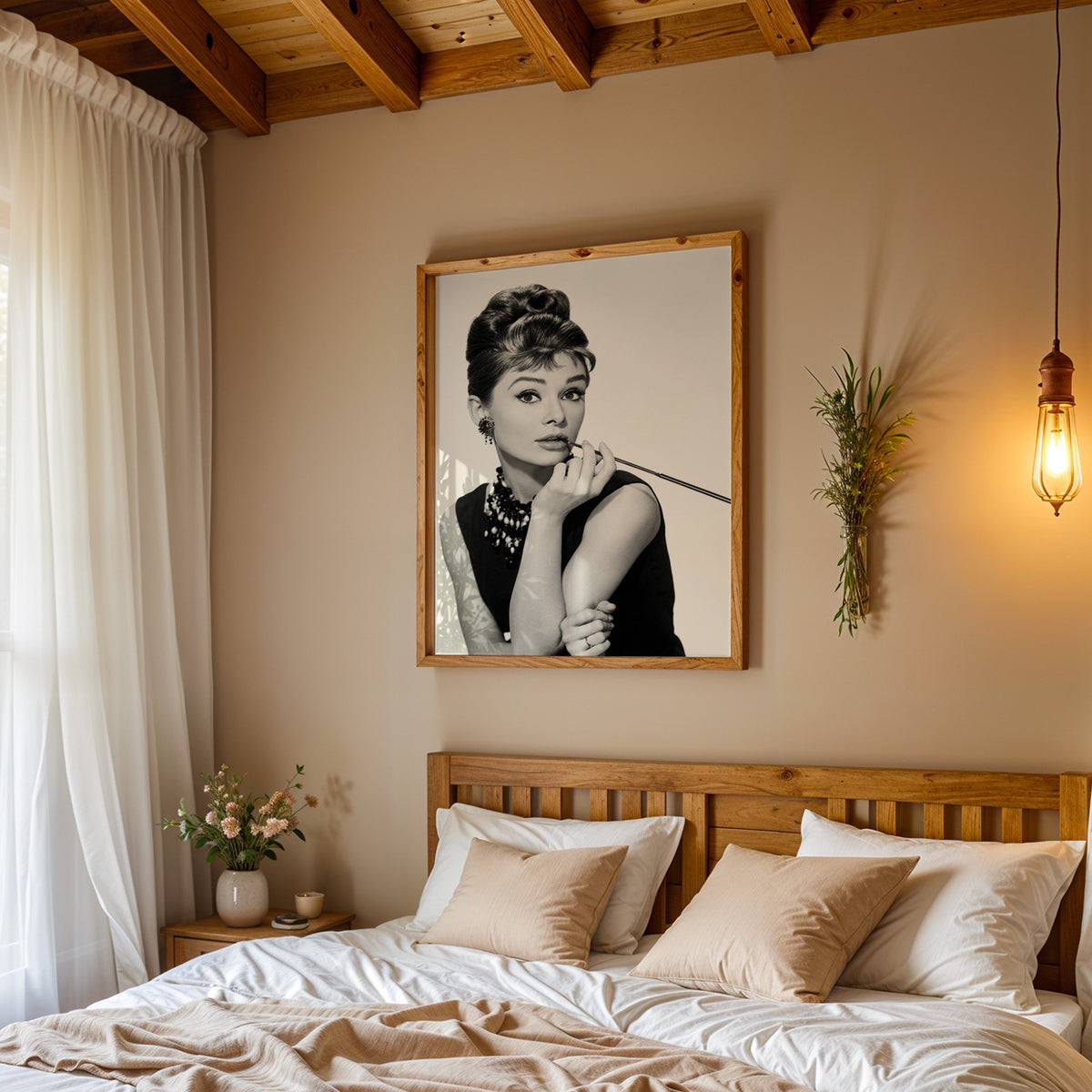 Woman with updo, pearls and long cigarette holder print in a pine frame above a wood headboard bed under a pendant bulb