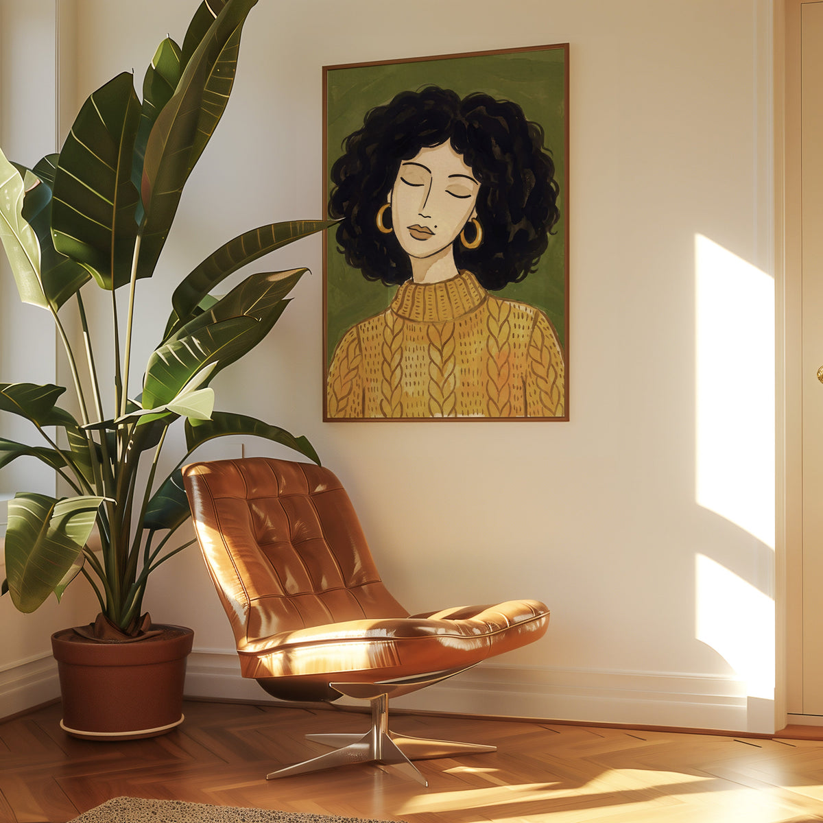 Line art woman portrait print in a slim walnut frame above a tan leather lounge chair