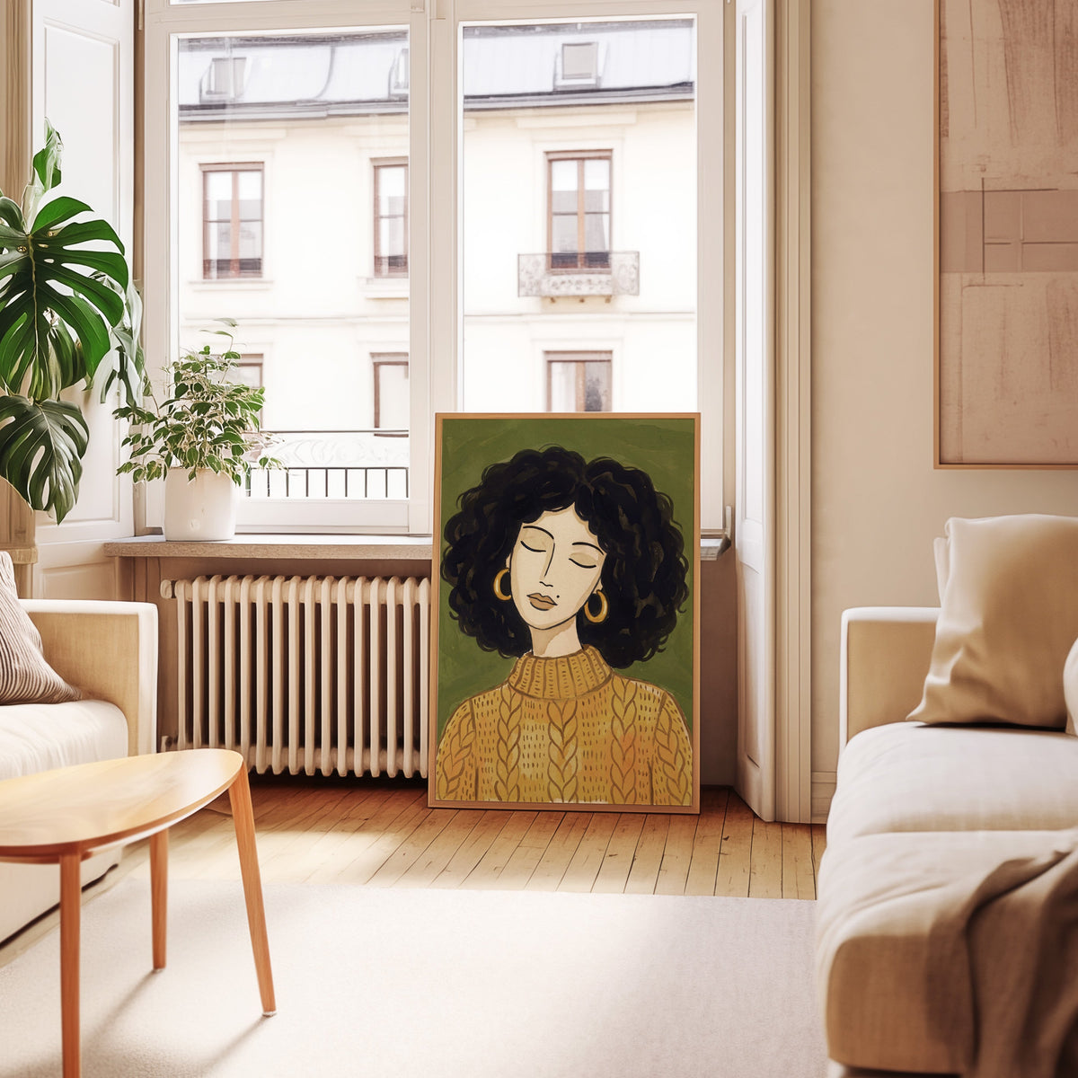 Gold hoop earrings portrait print in an oak frame leaning below tall French windows