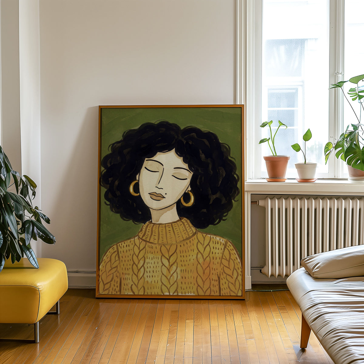 Curly hair woman print in an oak frame leaning beside a yellow leather bench