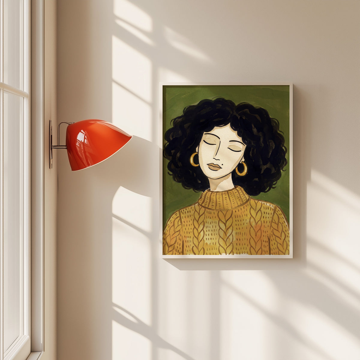 Woman with curly hair portrait print in a white frame beside a red wall sconce