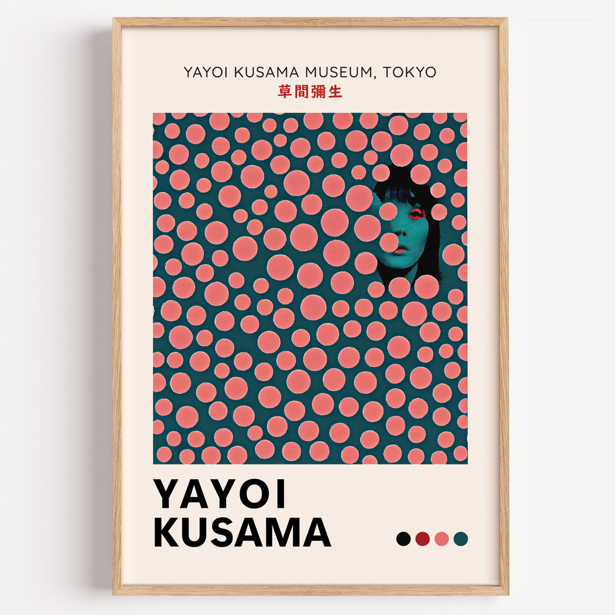 Yayoi Kusama inspired pink dots portrait print in a wood frame on a plain wall