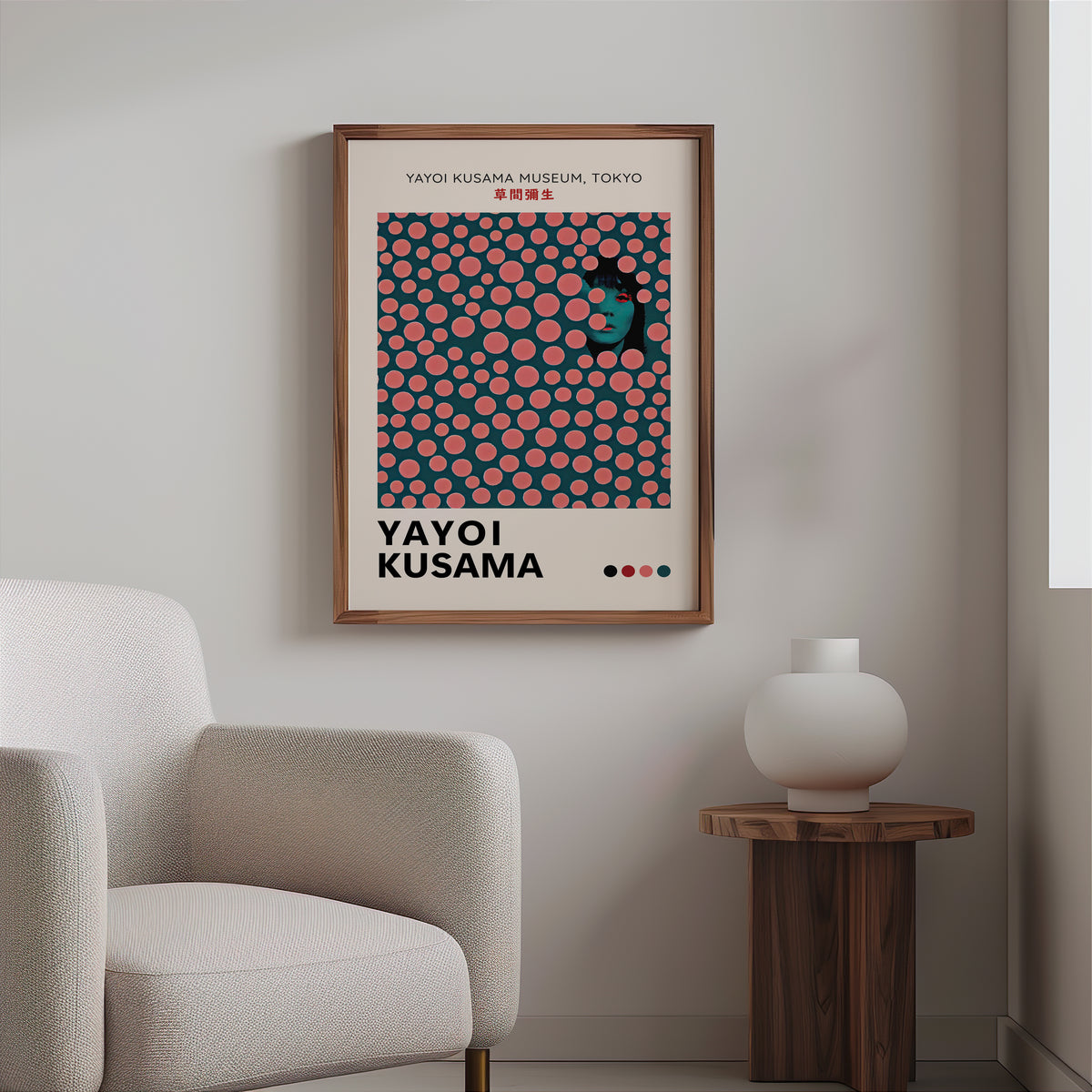 Yayoi Kusama inspired pink dots portrait print above a cream boucle armchair