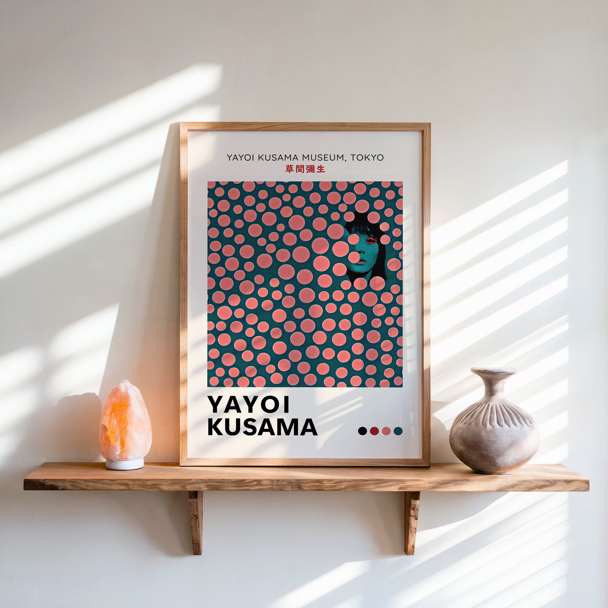 Yayoi Kusama inspired pink dots portrait print above a shelf with a salt lamp