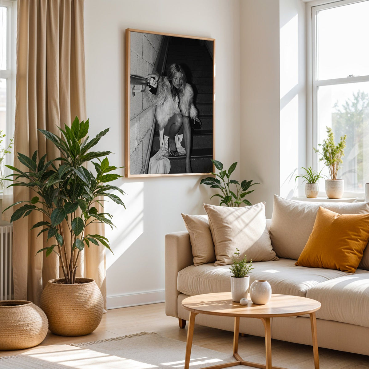 Woman in shaggy fur coat crouched on stairs print in an oak frame above a cream sofa beside woven planters
