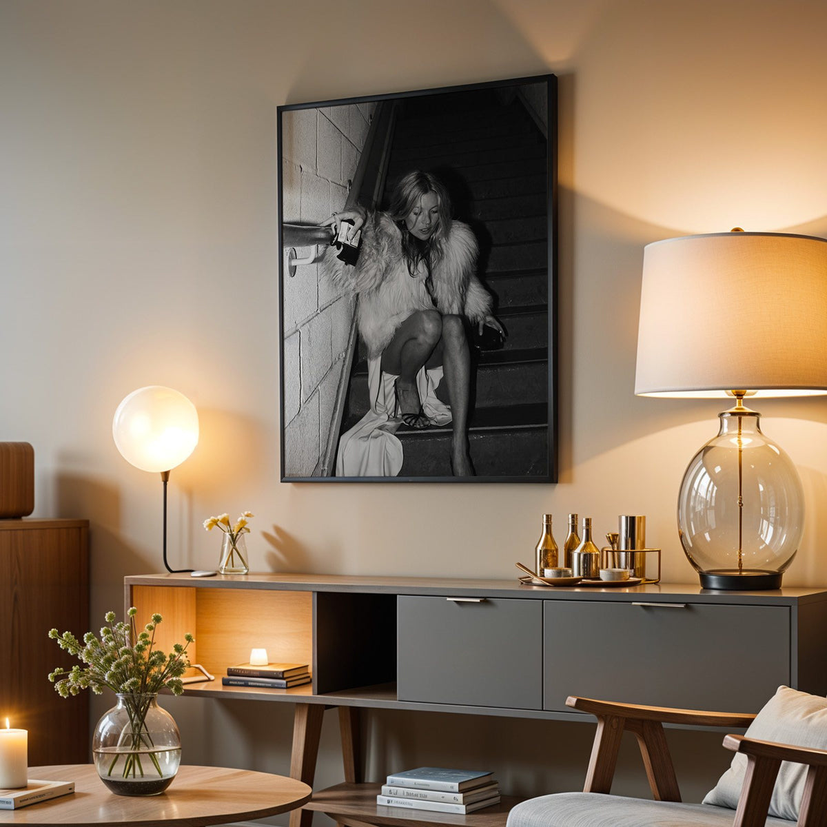 Woman in shaggy fur coat crouched on stairs print in a black frame above a grey media console with a glass table lamp