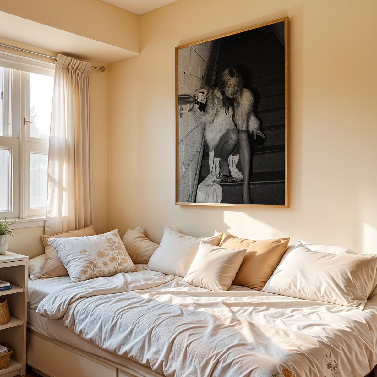 Woman in shaggy fur coat crouched on stairs print in an oak frame above a cream daybed in a sunny bedroom