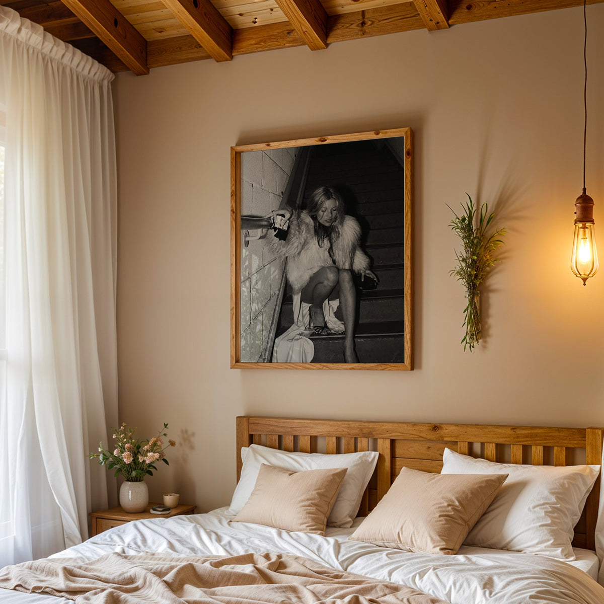 Woman in shaggy fur coat crouched on stairs print in a pine frame above a wood headboard bed under a pendant bulb