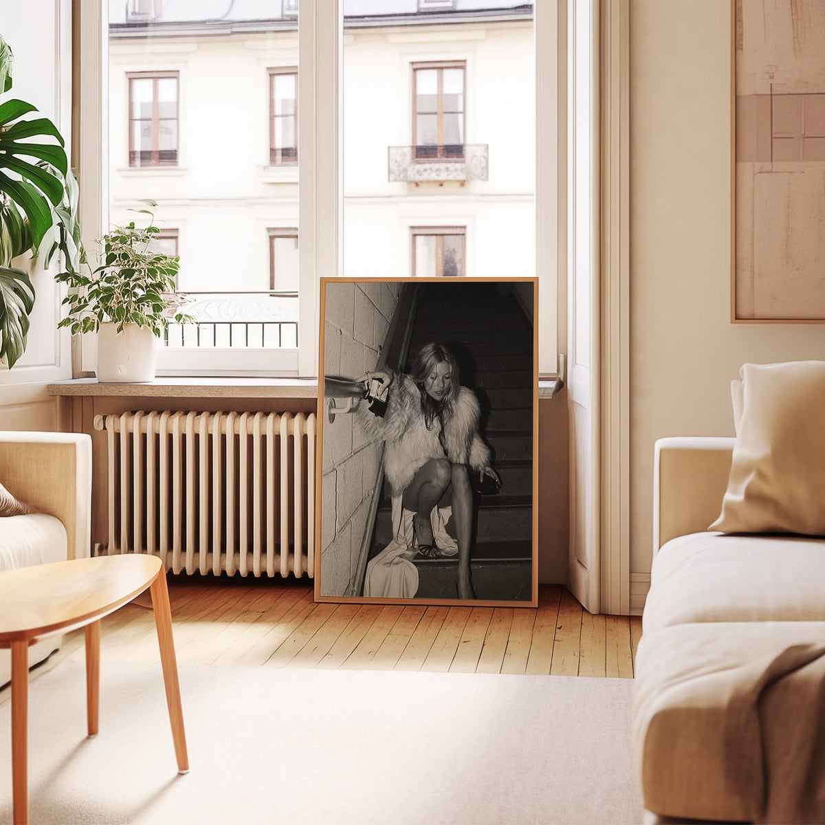 Woman in shaggy fur coat crouched on stairs print in an oak frame leaning by a French window in a living room