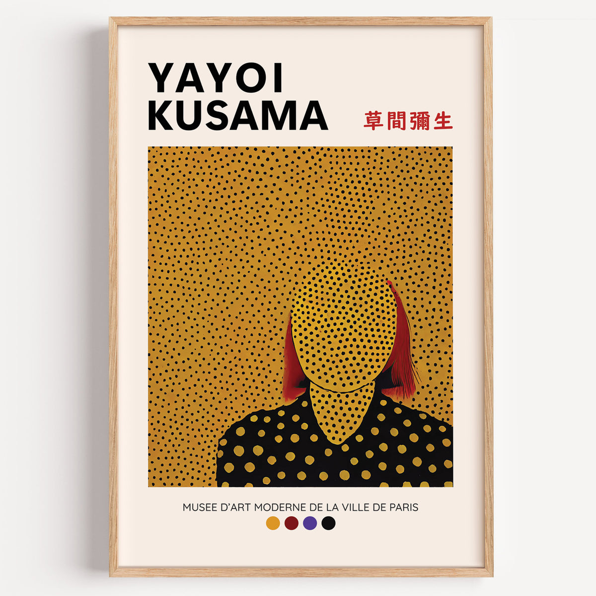 Yayoi Kusama inspired gold dots portrait print in a wood frame on a plain wall