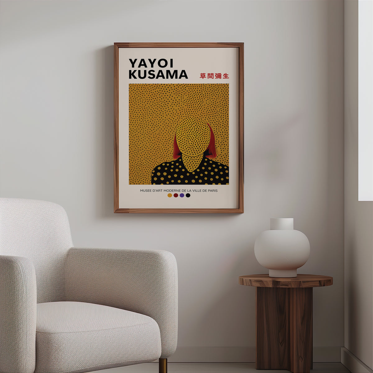 Yayoi Kusama inspired gold dots portrait print above a cream boucle armchair