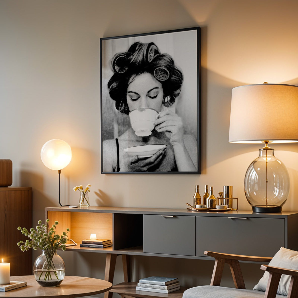 Woman in hair rollers sipping from a teacup print in a black frame above a grey media console with a glass table lamp