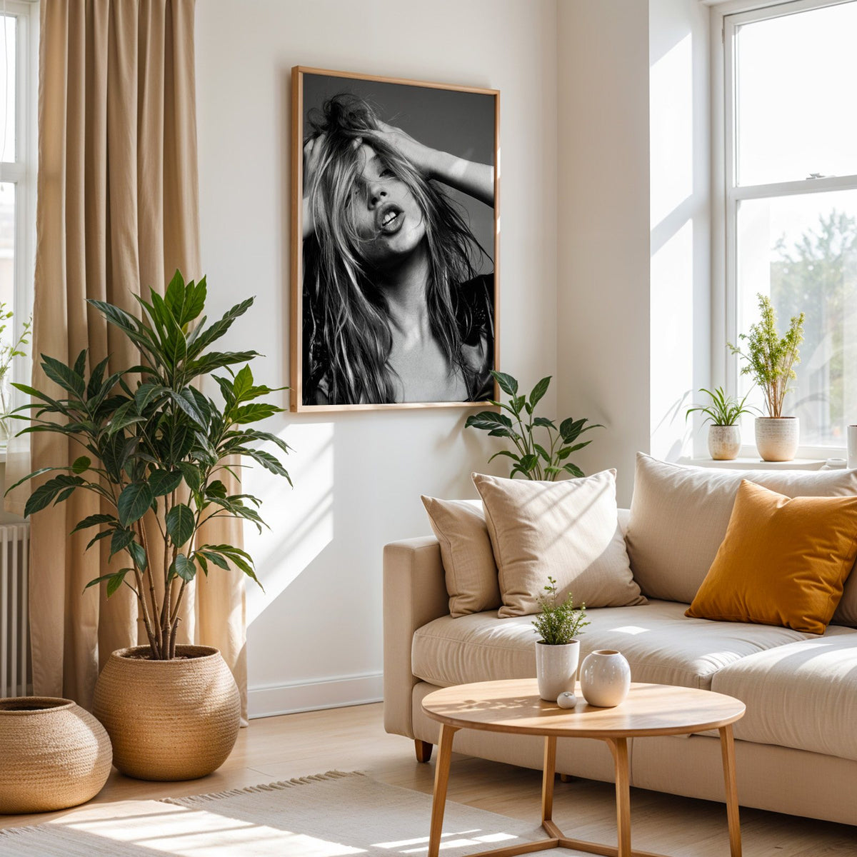 Woman pushing hands through messy hair print in an oak frame above a cream sofa beside woven planters