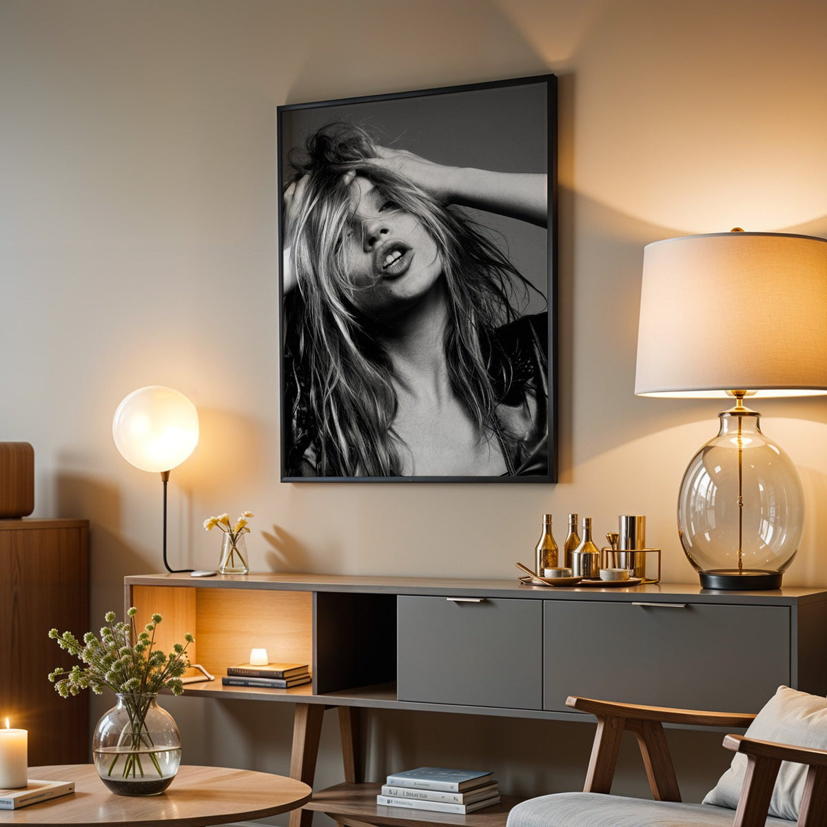 Woman pushing hands through messy hair print in a black frame above a grey media console with a glass table lamp