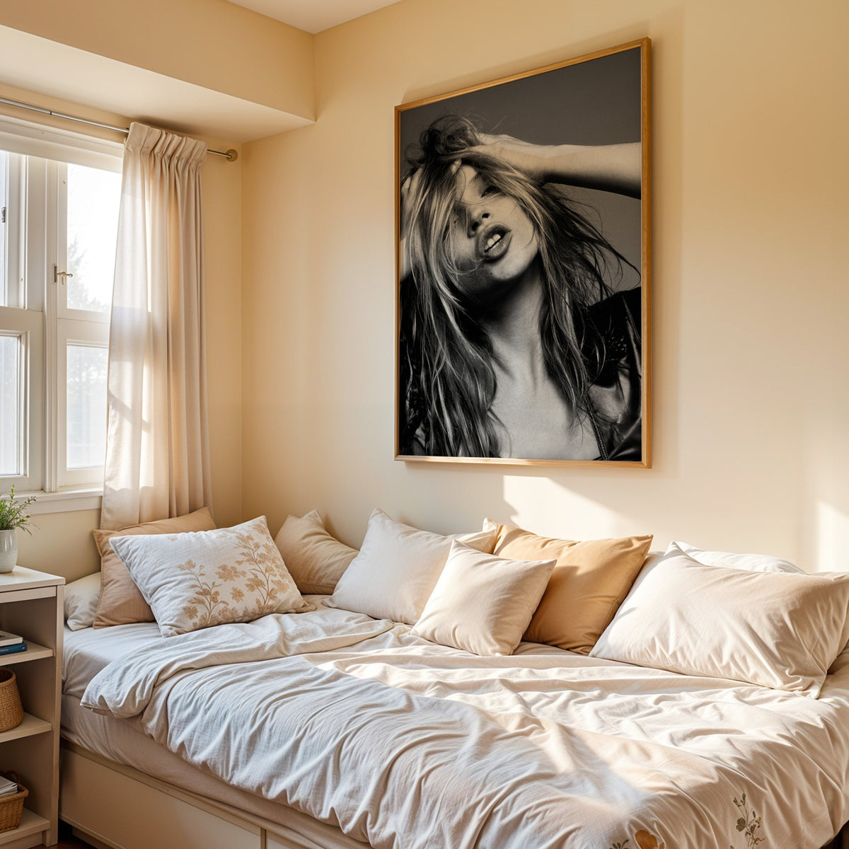 Woman pushing hands through messy hair print in an oak frame above a cream daybed in a sunny bedroom