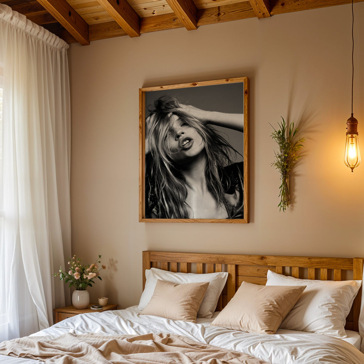 Woman pushing hands through messy hair print in a pine frame above a wood headboard bed under a pendant bulb
