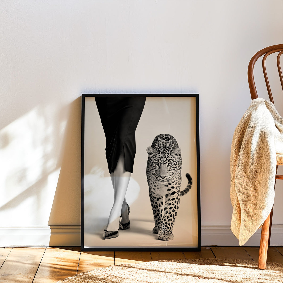 Woman's legs in heels walking beside leopard print in a black frame leaning on a wood floor beside a bentwood chair