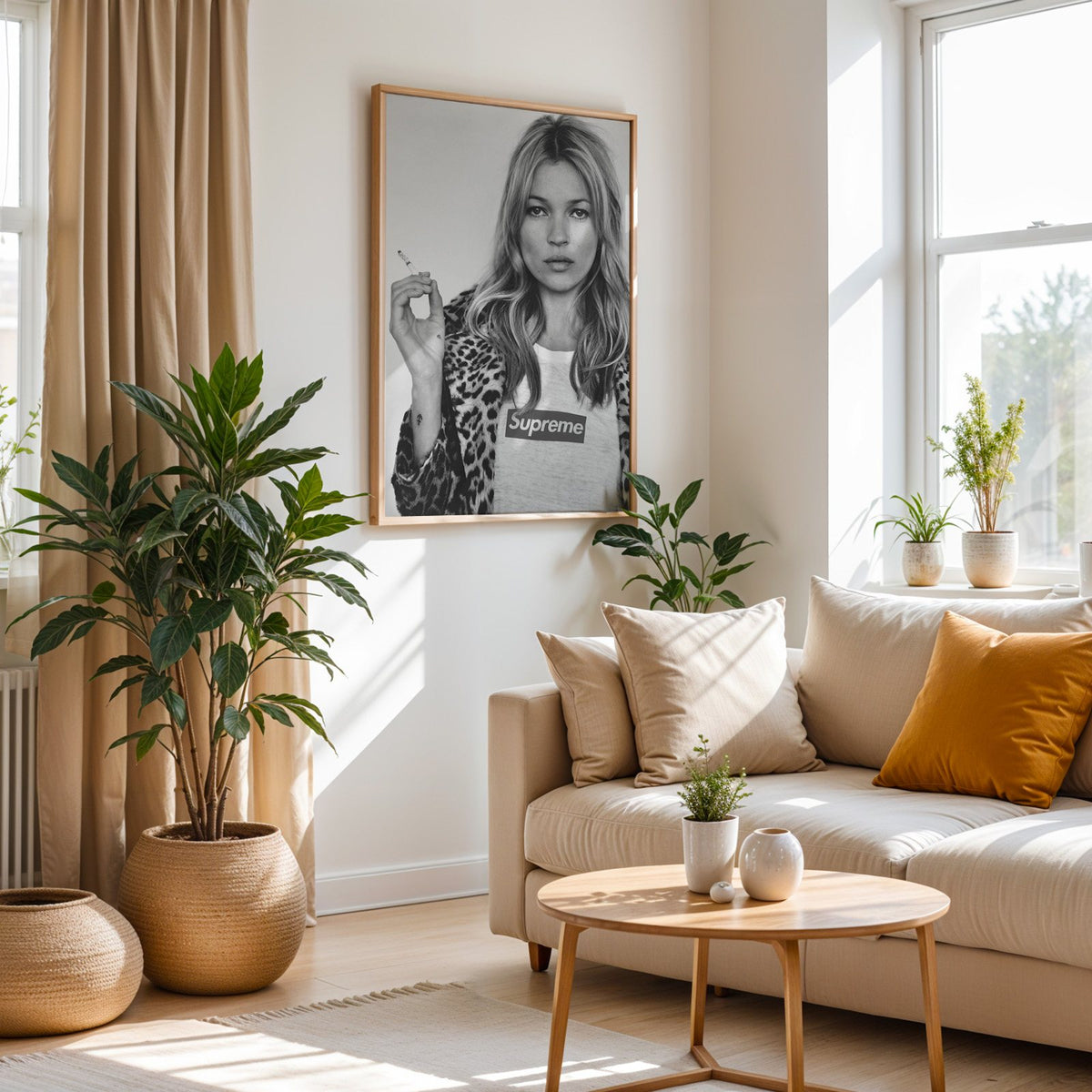 Woman in leopard coat holding a cigarette print in an oak frame above a cream sofa beside woven planters