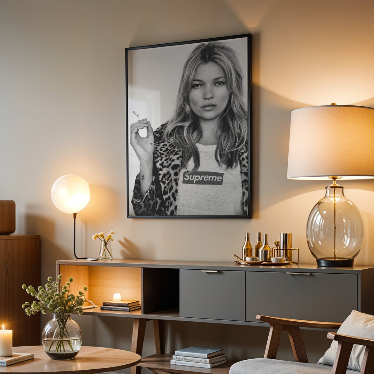Woman in leopard coat holding a cigarette print in a black frame above a grey media console with a glass table lamp