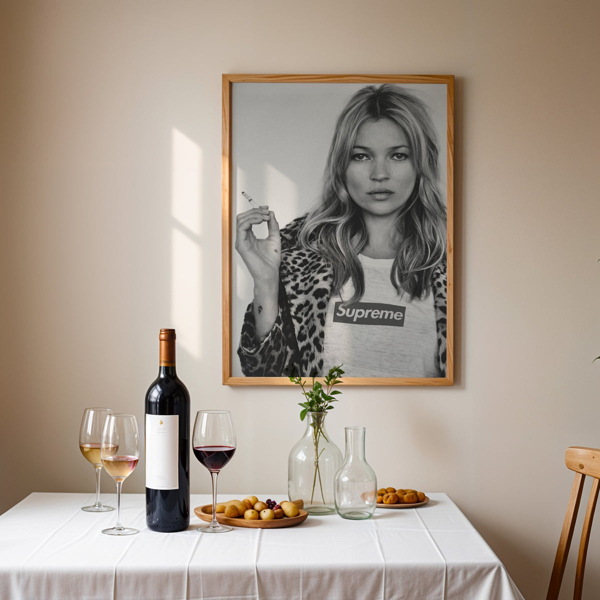 Woman in leopard coat holding a cigarette print in an oak frame above a table set with red wine and glasses