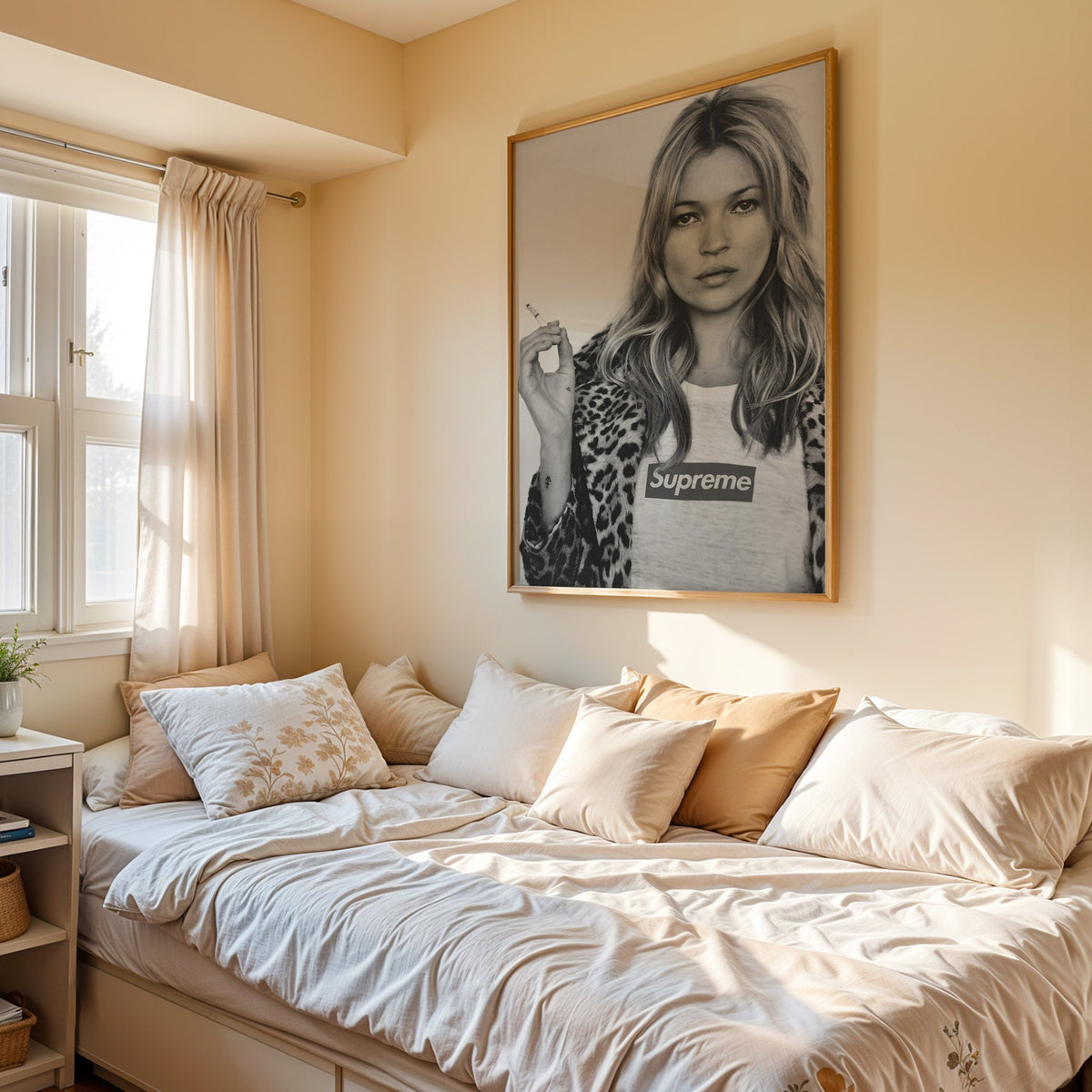 Woman in leopard coat holding a cigarette print in an oak frame above a cream daybed in a sunny bedroom