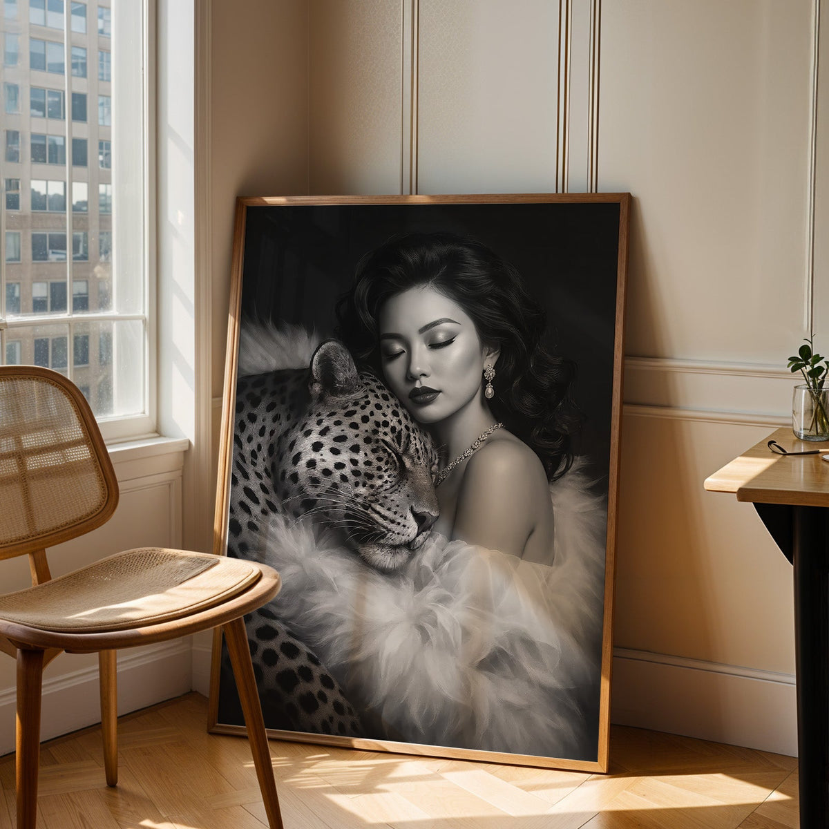 Woman leaning on leopard in fur black and white print in an oak frame leaning in a sunlit corner beside a cane chair
