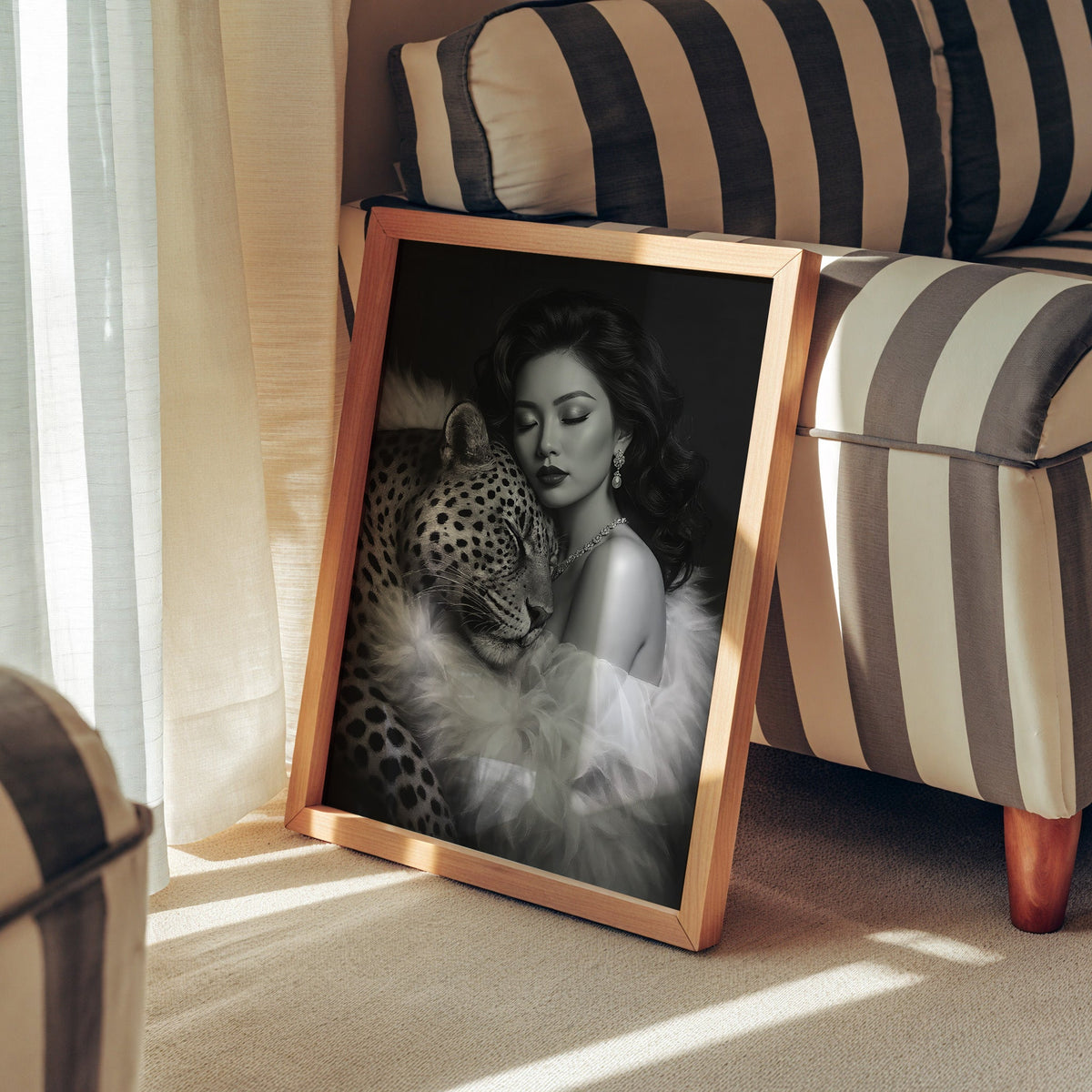 Woman leaning on leopard in fur black and white print in a pine frame leaning against a striped armchair