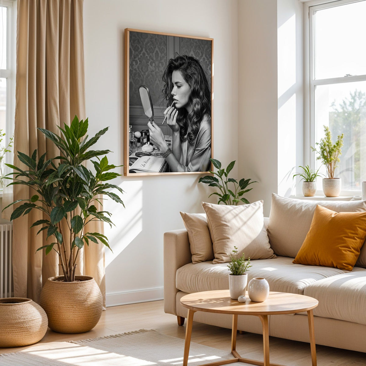 Woman lining lips with silver hand mirror print in an oak frame above a cream sofa beside woven planters