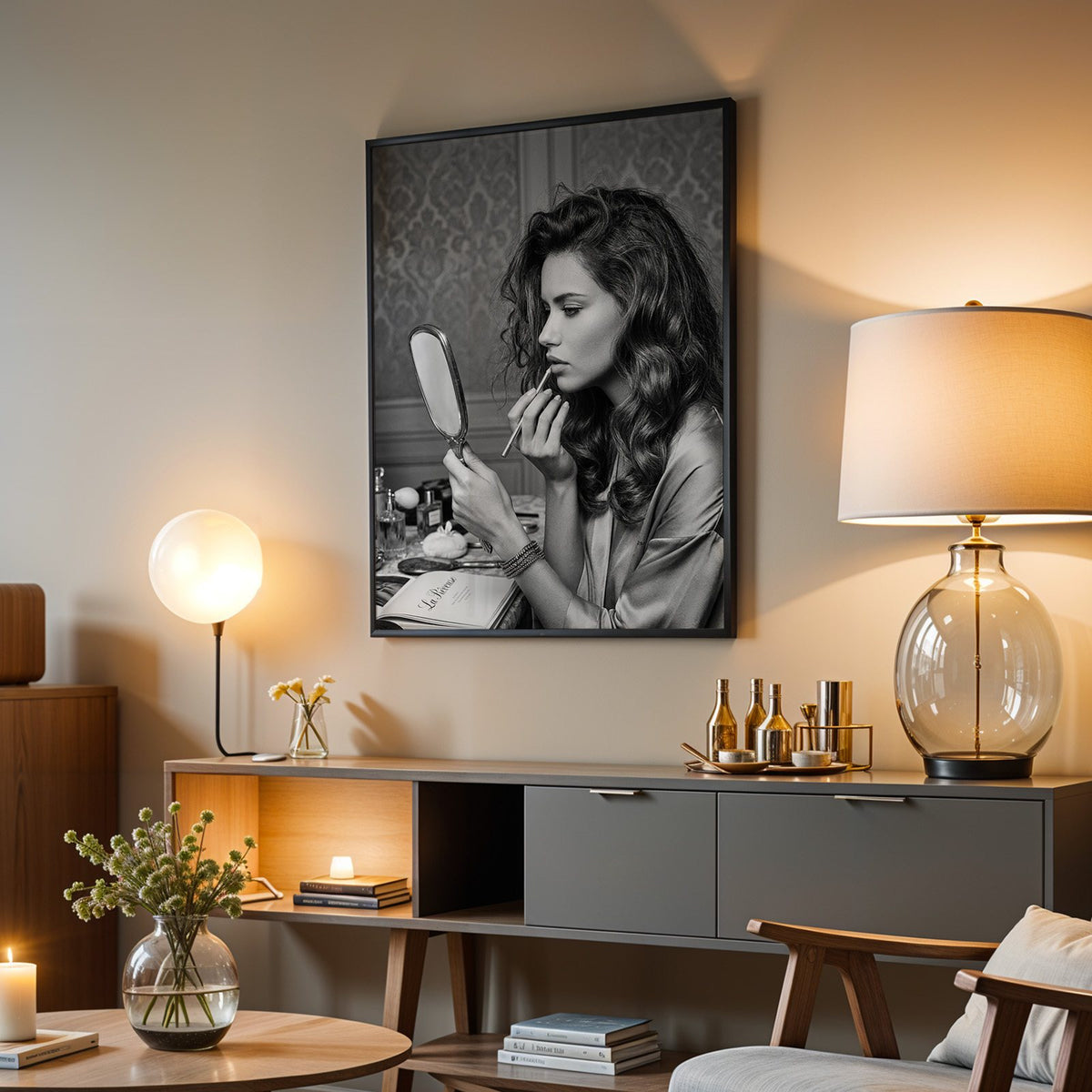 Woman lining lips with silver hand mirror print in a black frame above a grey media console with a glass table lamp