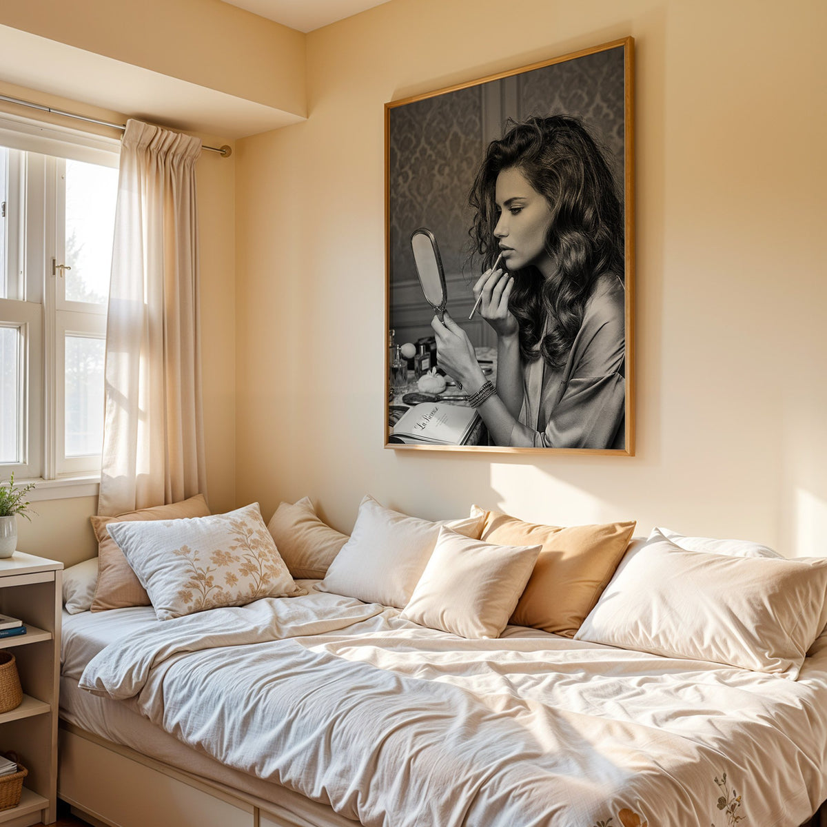 Woman lining lips with silver hand mirror print in an oak frame above a cream daybed in a sunny bedroom