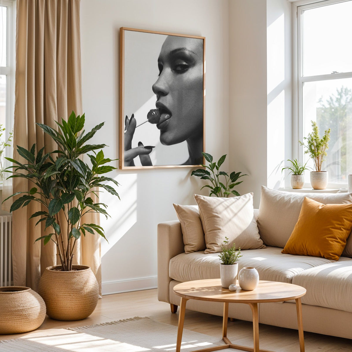 Glossy closeup with lollipop and black nails print in an oak frame above a cream sofa beside woven planters