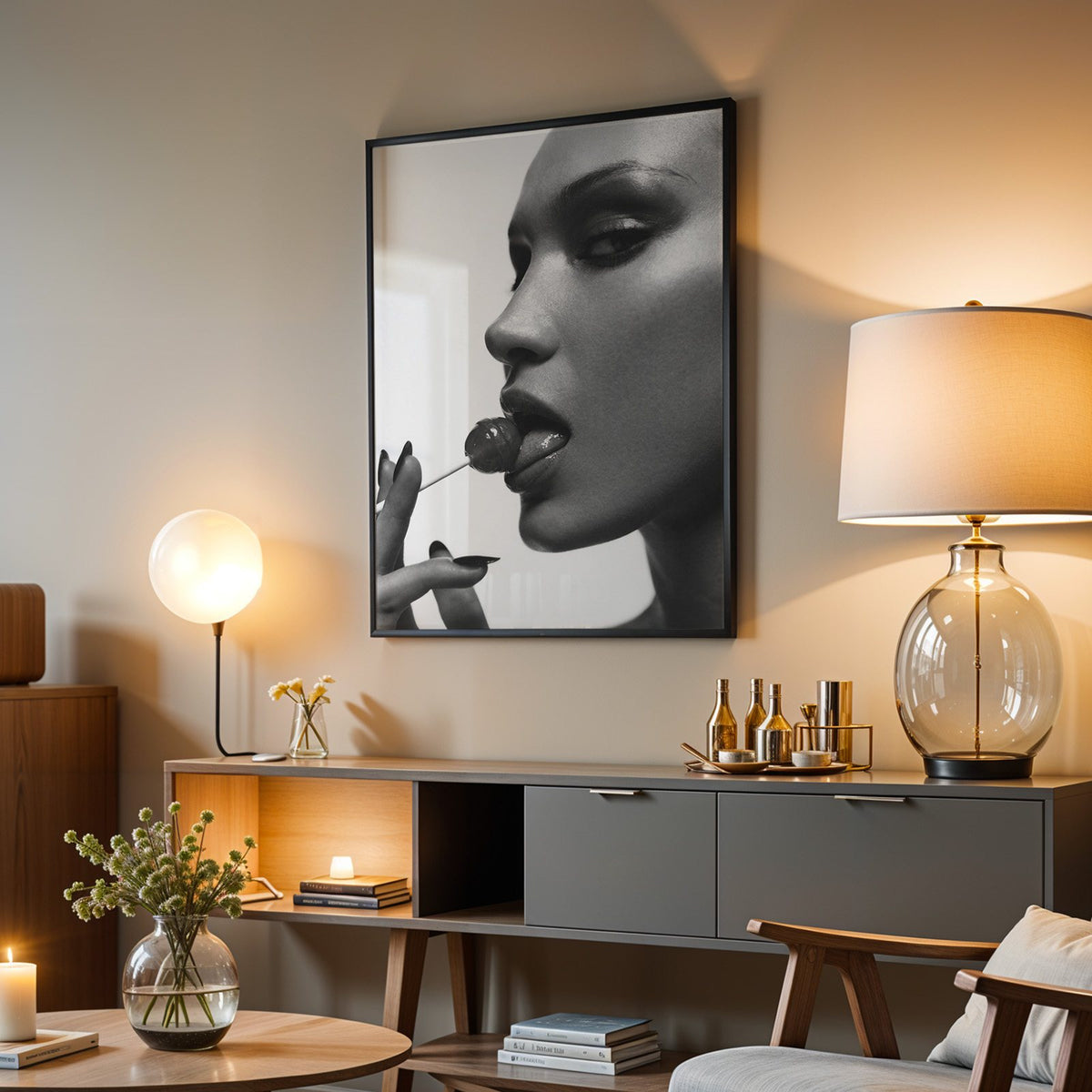 Glossy closeup with lollipop and black nails print in a black frame above a grey media console with a glass table lamp