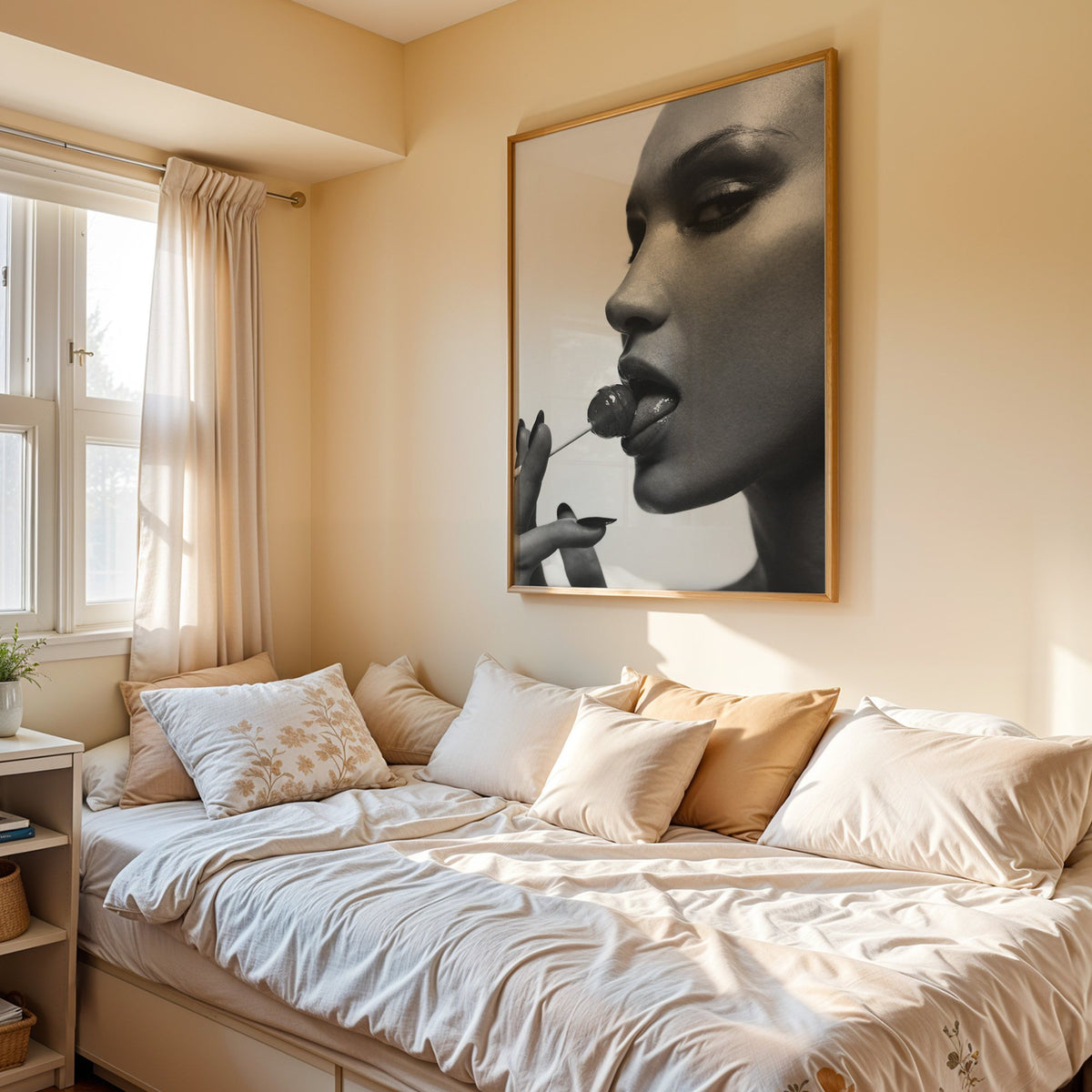 Glossy closeup with lollipop and black nails print in an oak frame above a cream daybed in a sunny bedroom