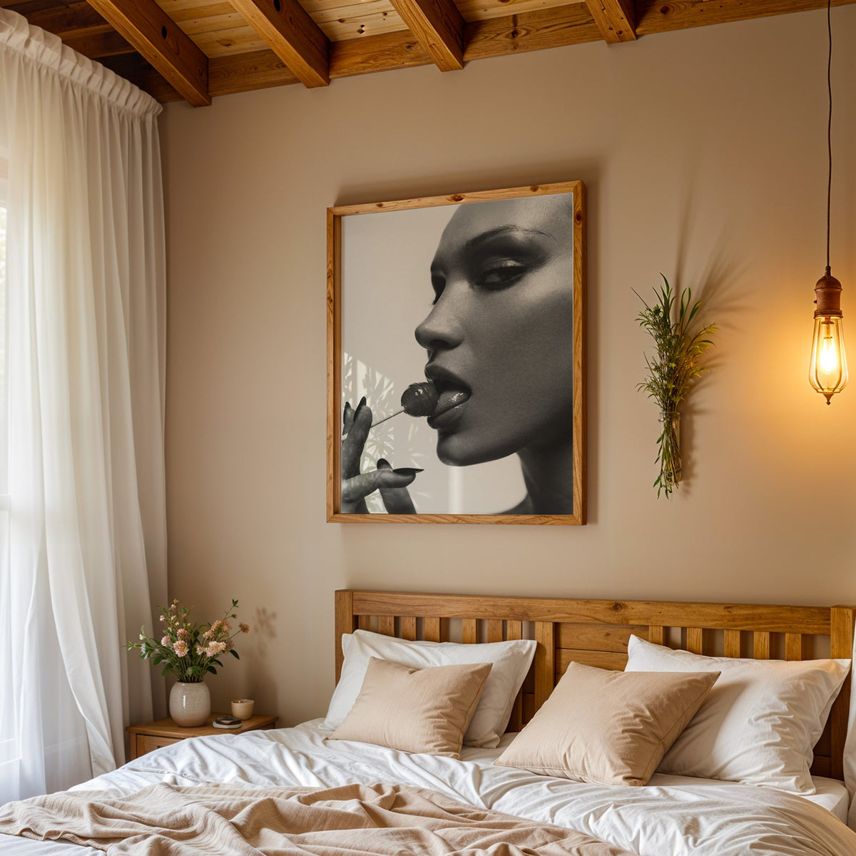 Glossy closeup with lollipop and black nails print in a pine frame above a wood headboard bed under a pendant bulb