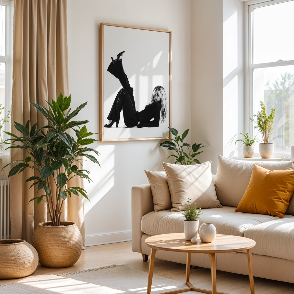 Woman in all black lying with leg raised print in an oak frame above a cream sofa beside woven planters