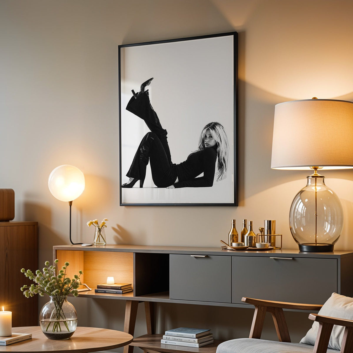 Woman in all black lying with leg raised print in a black frame above a grey media console with a glass table lamp