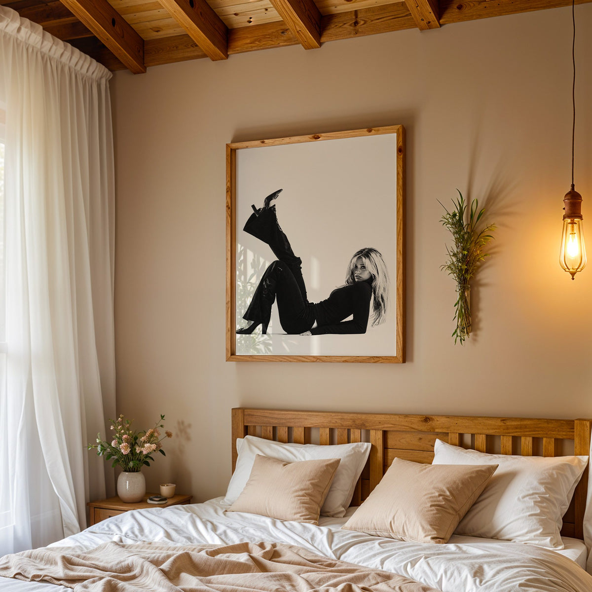 Woman in all black lying with leg raised print in a pine frame above a wood headboard bed under a pendant bulb