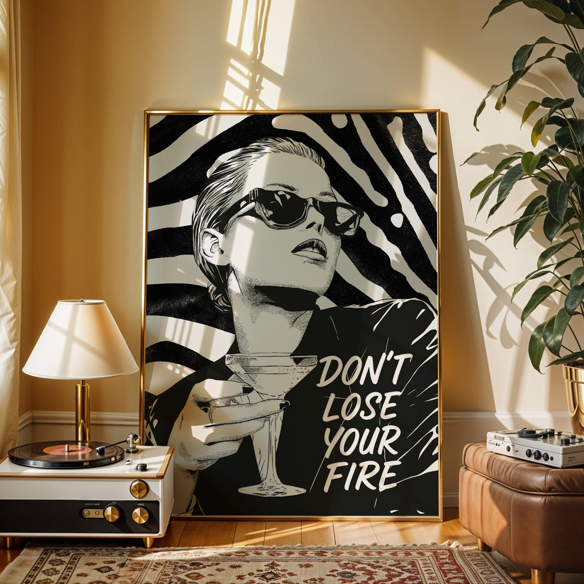 Woman with martini on zebra stripe backdrop ink print shown in a gold frame beside a record player and table lamp