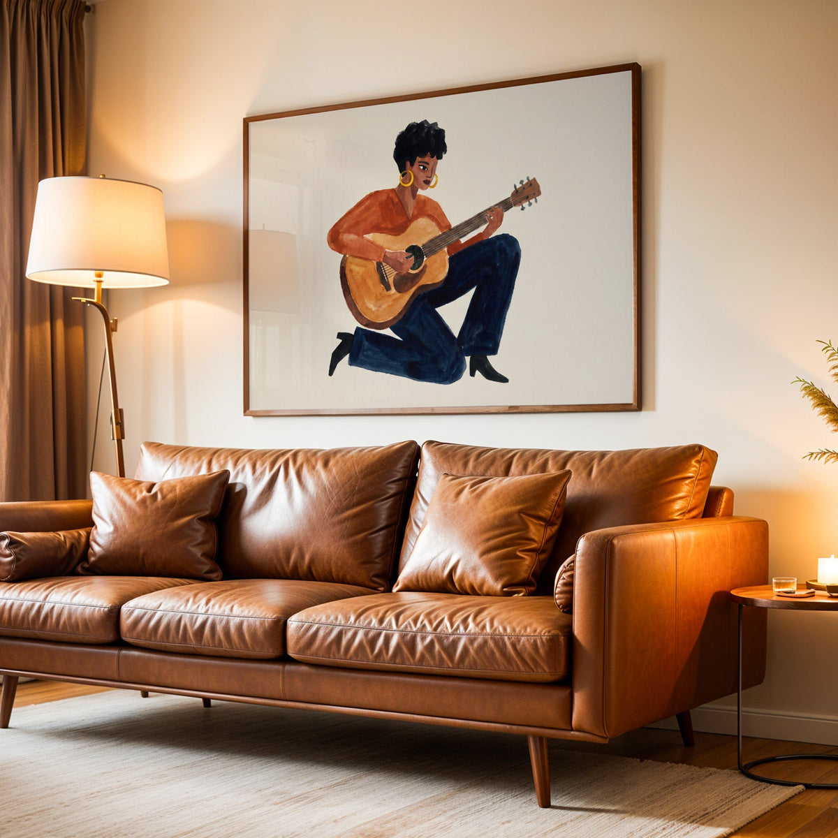 Music wall art print in a walnut frame above a leather sofa by lamplight