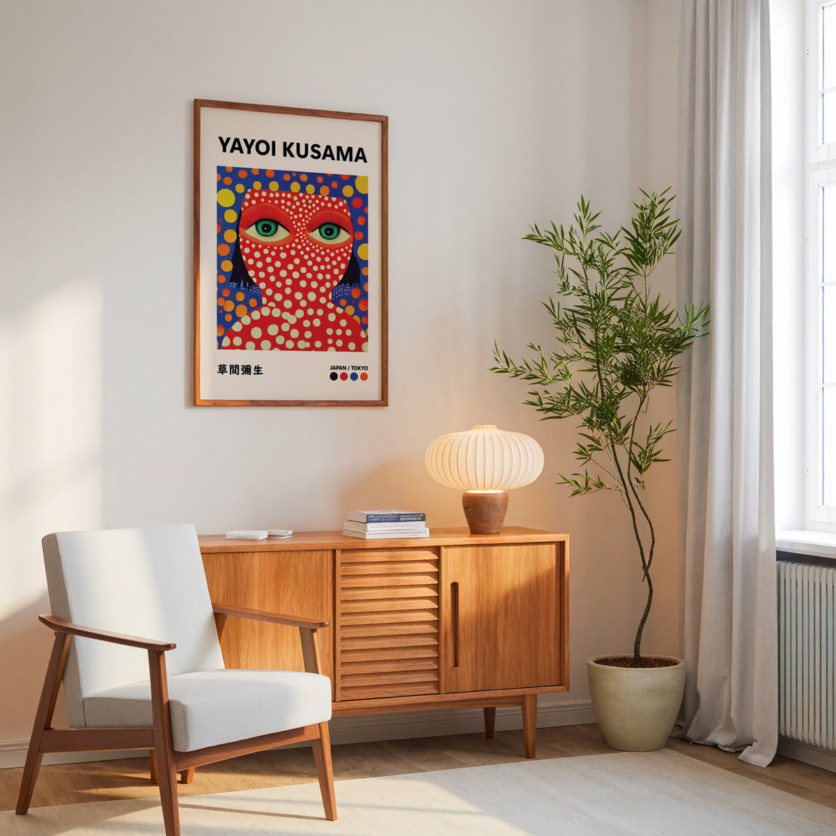 Yayoi Kusama inspired red face green eyes print above a mid-century sideboard