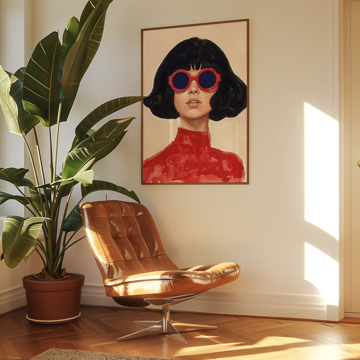 Retro fashion portrait print in a slim walnut frame above a tan leather lounge chair