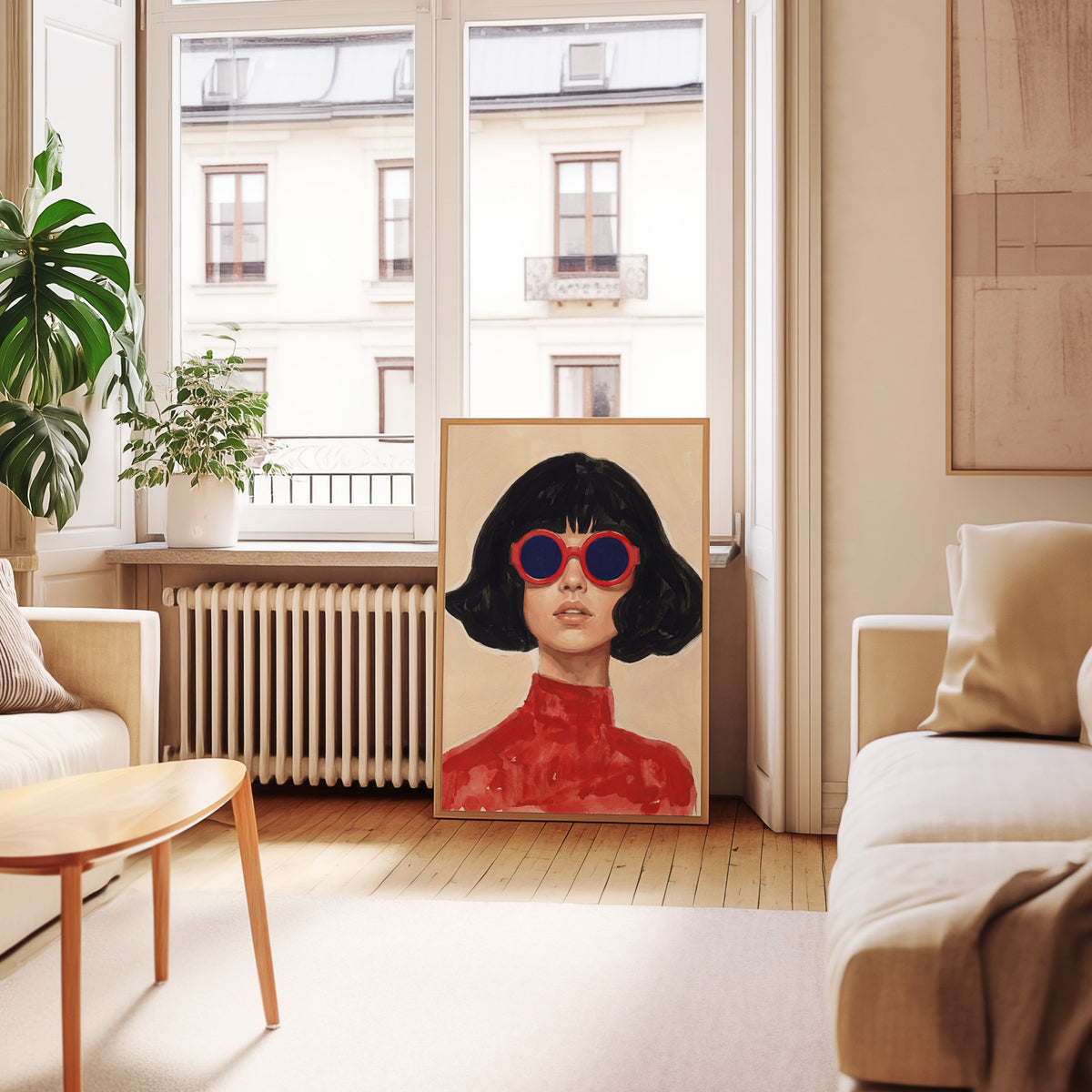 Black bob woman print in an oak frame leaning below tall French windows