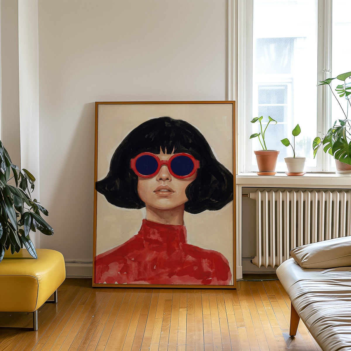 Red turtleneck portrait print in an oak frame leaning beside a yellow leather bench