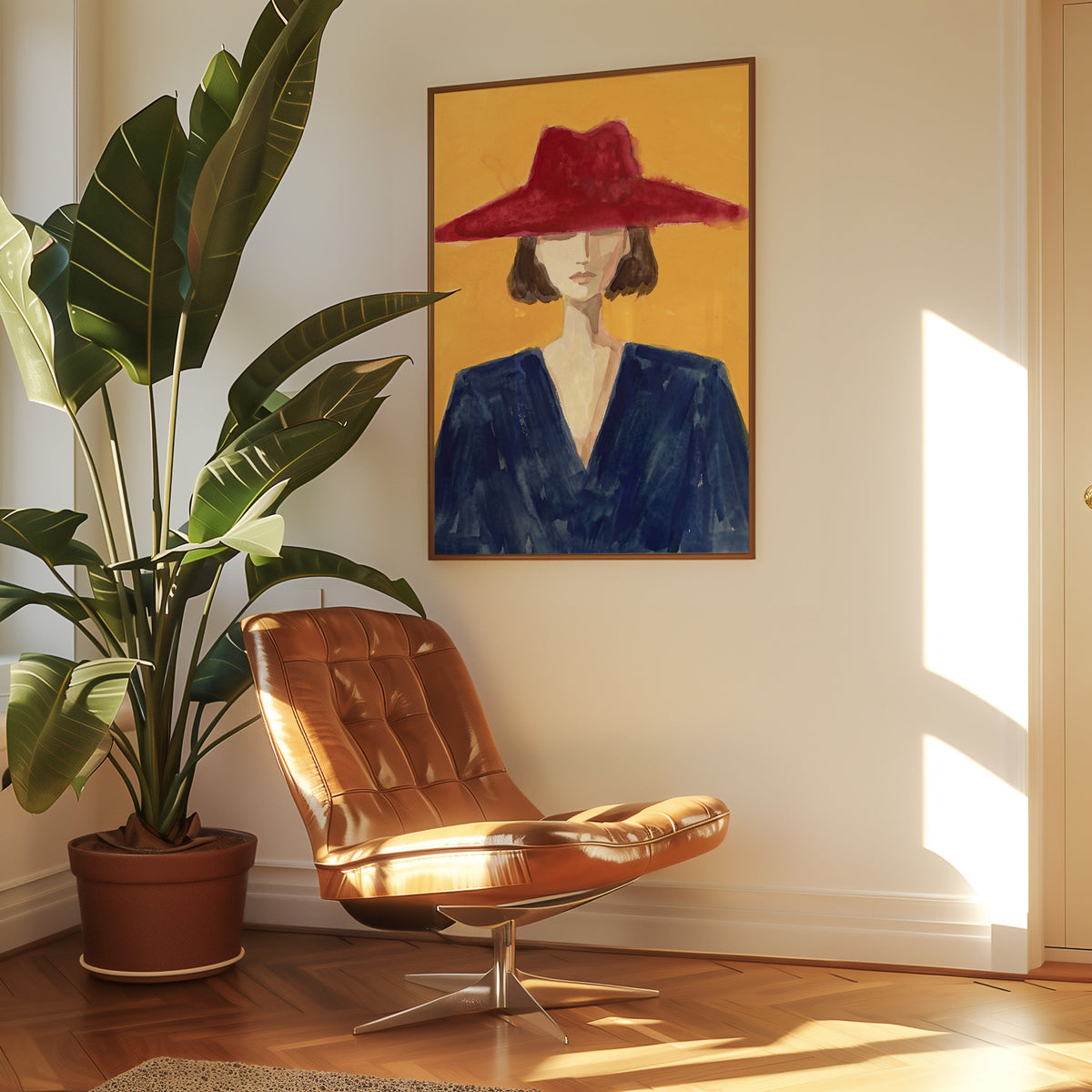Watercolor fashion portrait print in a slim walnut frame above a tan leather lounge chair